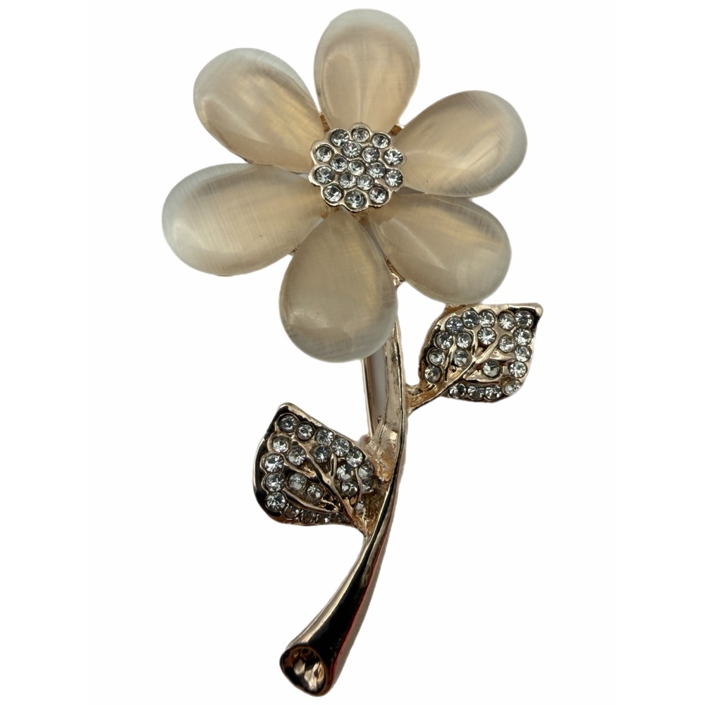 Gold Tone Flower Brooch Pin Champagne Cats Eye Stone Rhinestone Leaf Floral